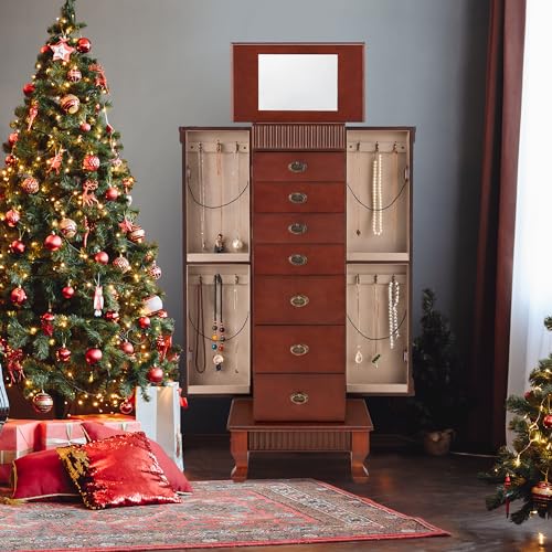 AVAWING Standing Jewelry Cabinet Armoire with Top Flip Mirror, 7 Drawers & 12 Necklace Hooks, Jewelry Box Storage Organizer with 2 Side Swing Doors, Bedroom Jewelry Armoire (Walnut)
