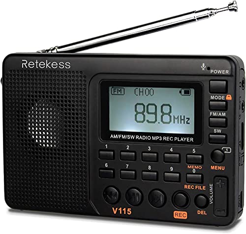 Retekess V115 Digital Radio AM FM, Portable Shortwave Radios, Rechargeable Radio Digital Tuner and Presets, Support Micro SD and AUX Record, Bass Speaker Black