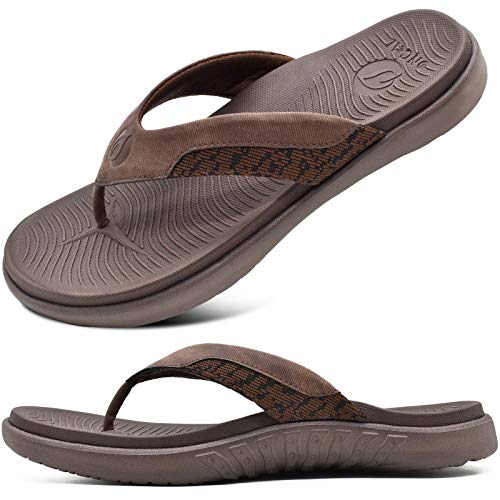 ONCAI Sandals for Men, Comfort Orthotic Plantar Fasciitis Beach Sport Athletic Soft Flip Flops with Yoga Foam Arch Support Brown Size 9