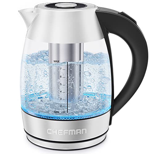 Chefman Electric Glass Kettle, Fast Boiling W/ LED Lights, Auto Shutoff & Boil Dry Protection, Cordless Pouring, BPA Free, Removable Tea Infuser, 1.8 Liters, Stainless Steel