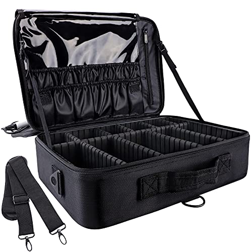 gzcz Travel Makeup Train Case Professional Makeup Case 16' Large Capacity Cosmetic Case Make up Brush Organizer Portable Artist Storage Bag with Adjustable Dividers and shoulder strap Black