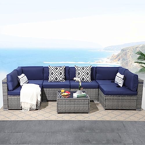Patiorama 7 Pieces Outdoor Patio Furniture Set, All Weather Grey PE Wicker Rattan Sectional Conversation Set, Porch Garden W/Built-in Glass Table, Seat Clips, Navy Blue Cushions