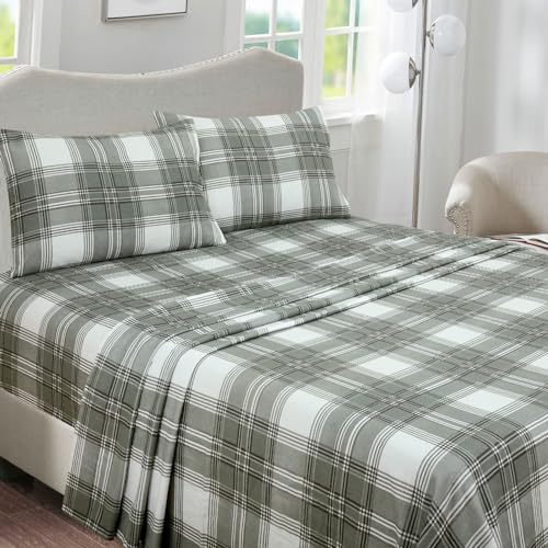 Briarwood Home 100% Cotton Printed Flannel Sheet Set 4 Piece Brushed Turkish Bedding Super Soft, Warm, Cozy, Deep Pocket & Breathable All Season Sheets & Pillow Set (Grey Plaid, Queen)