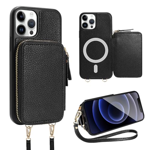 ZVE iPhone 15 Pro Max Wallet Case Magsafe, Crossbody Magnetic Phone Case with Card Holder Wrist Strap for Women, Zipper Leather RFID Blocking Cover for iPhone 15 Pro Max, 6.7'-Black