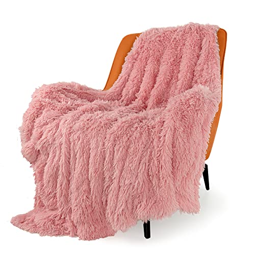 TOONOW Extra Soft Fuzzy Faux Fur Throw Blanket 50'x60', Reversible Lightweight Fluffy Cozy Plush Comfy Microfiber Fleece Decorative Shaggy Blanket for Couch Sofa Bed, Pink