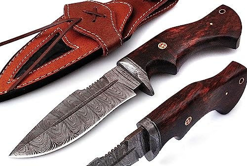Handmade Damascus Hunting Knife | Bush craft Knife with Sheath Fixed Blade | Camping knife with Wood Handle, Brown