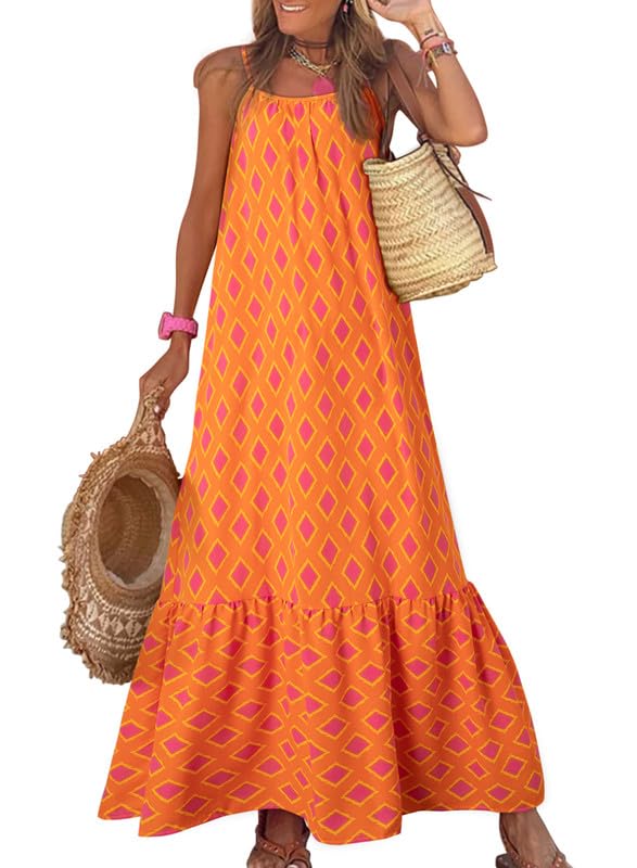 Dokotoo Plus Size Maxi Dress for Women 2024 Scoop Neck Summer Floral Dress Spaghetti Strap Sundresses Boho Floral Graduation dres Ruffle A Line Casual Dresses for Beach Vacation Small Orange