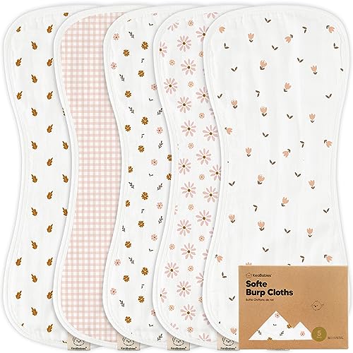 5-Pack Muslin Burp Cloths Baby Boy, Girl - Viscose from Bamboo Cotton Burp Cloth, Burping Cloths for Babies, Neutral Burp Clothes for Girls, Boys, Spit Up Burp Rags, Large Baby Burp Cloths (Petals)