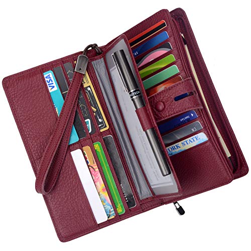 Bveyzi Women's Big Fat Rfid Leather Wristlet Wallet Organizer Large Phone Checkbook Holder with Zipper Pocket (Wine Red)