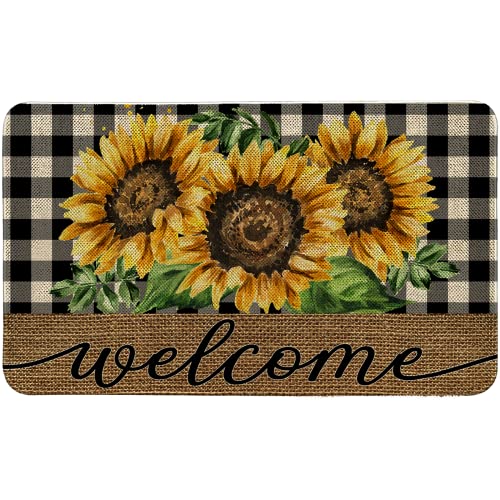 AnyDesign Sunflower Welcome Doormat Rustic Farmhouse Buffalo Plaids Front Door Mat Non-Slip Spring Summer Decorative Flower Door Rugs Carpet Floor Mat for Indoor Outdoor Home Office Decor, 17 x 29 in