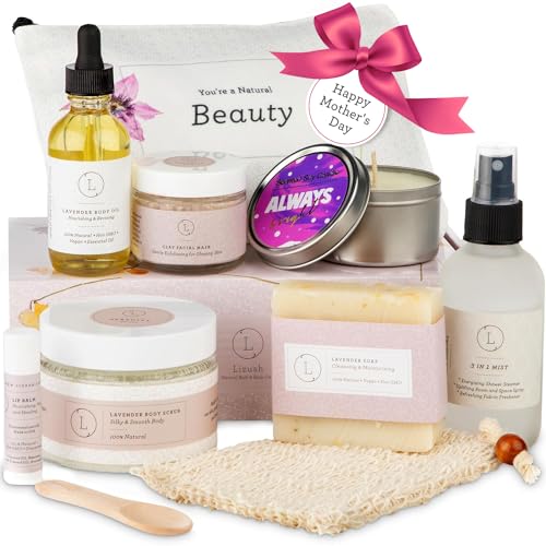 Lizush Luxury Spa Gifts for Women - 9 Piece Lavender Relaxation Gift Baskets for Women, Mothers Day Gifts for Mom, Birthday Gift Box Sets For Women, Self Care Gifts Set For Wife - Made In The USA