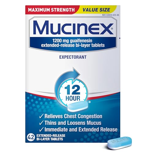 Mucinex 12 Hour Maximum Strength 1200 mg Guaifenesin Extended-Release Tablets for Excess Mucus Relief, Expectorant Aids Excess Mucus Removal, Chest Congestion Relief, 42 Tablets