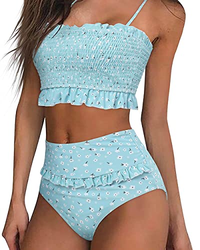MOOSLOVER Women's Shirred Bandeau Bikini Top High Waisted Bottom 2 Piece Swimsuits Bikini Set(S,Light Blue)