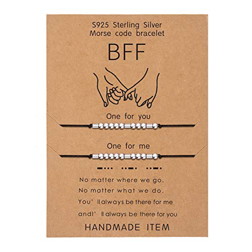 KGBNCIE BFF Morse Code Bracelet Sterling Silver Pinky Promise Distance Matching Friendship Adjustable Bracelet Jewelry for Women 2 Pieces