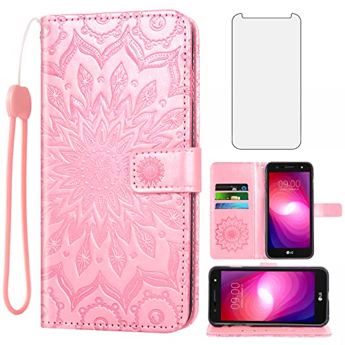 Phone Case for LG X Charge/Fiesta 2 LTE/X Power 2/X5/LV7 Wallet Cases with Tempered Glass Screen Protector Leather Slim Flip Cover Card Holder Stand LG-M322 XPower 3 SP320 M327 M322 Women Rose Gold