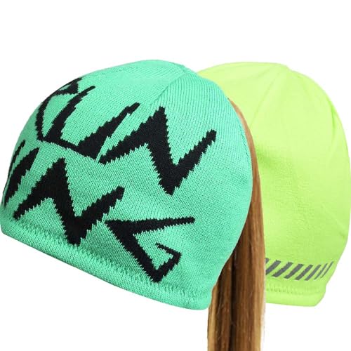 FETHAR Womens Reversible Running Beanie Hat with Ponytail Opening | Windproof Reflective Hat for Safety (Active Green with Neon Yellow)