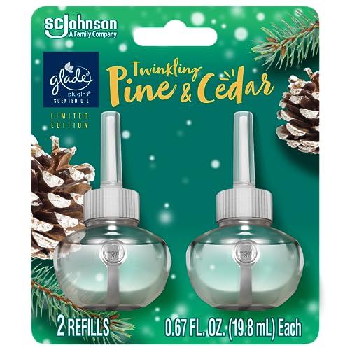 Glade PlugIns Refills Air Freshener, Scented and Essential Oils for Home and Bathroom, Twinkling Pine & Cedar, 1.34 Fl Oz, 2 Count