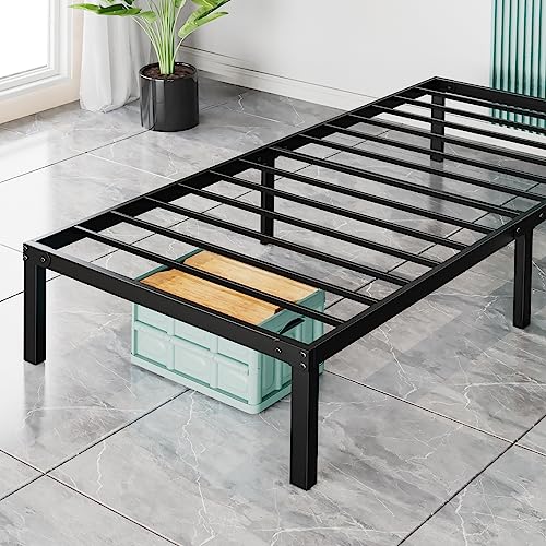 Sweetcrispy Twin Bed Frame - Heavy Duty Metal Platform Bed Frames Twin Size with Storage Space Under Frame, 14 Inches, Sturdy Steel Slat Support, No Box Spring Needed