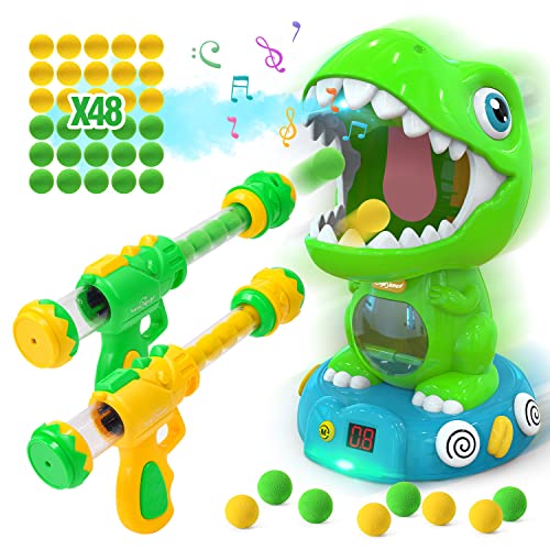 EagleStone Movable Dinosaur Shooting Toys for Kids 5-7 with Spraying, Electronic Target Game Toy with 2 Pump Guns, 48 Foam Balls, Party Favor Christmas Toys with Score Record, Sound