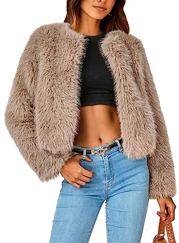 PRETTYGARDEN Women's 2024 Winter Coats Fleece Cropped Jacket Faux Fur Long Sleeve Pockets Shaggy Warm Outerwear Fall Clothes (Khaki,Medium)