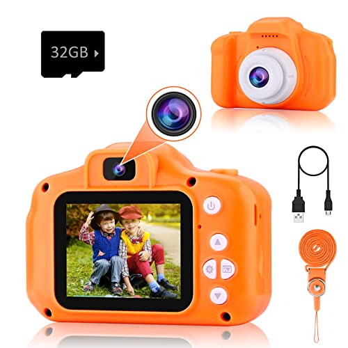 PROGRACE Kids Camera for Boys Girls - Dual Selfie Mini Children Camera Age 3 4 5 6 7 8 9 Year Old Kids Camcorder Christmas Birthday Gift for Girls Boys Toy Camera for Kids Video Camera Recorder Orange