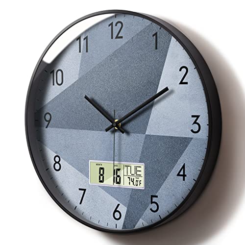 Stylish Silent Non-Ticking Round Digital Wall Clock Grey for Living Room Decor Analog Clocks Large Display Battery Operated Wall Mount Clock with Temperature Date Time Week for Office Bedroom 12 Inch