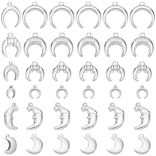 PH PandaHall 24pcs Crescent Moon Pendants, 6 Styles 304 Stainless Steel Double Horn Charms Lucky Charms 3D Moon Shape Dangle Pendants for Bracelet Necklace Earrings Jewelry Making