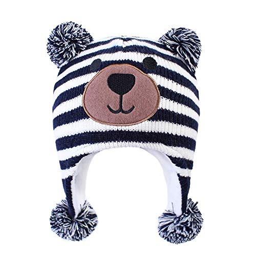 LANGZHEN Toddler Kids Infant Winter Hat,Earflap Knit Warm Cap Fleece Lined Beanie for Baby Boys (Bear -Navy Stripe, S(46-48CM/18.11'-18.9'))
