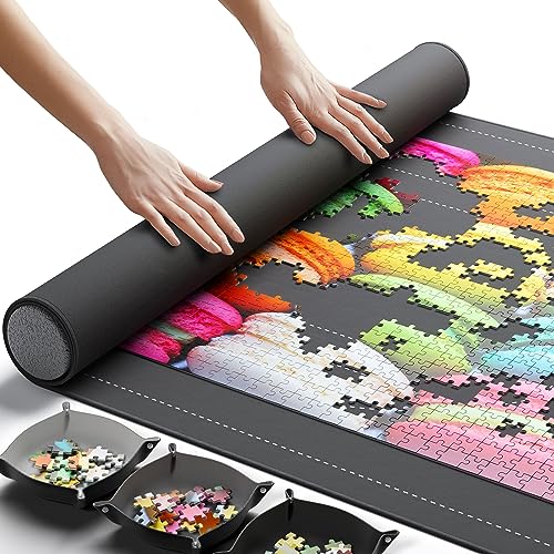 Newverest Jigsaw Puzzle Mat Roll Up, Saver Pad 46” x 26” Portable Keeper Up to 1500 pieces with Non-Slip Rubber Bottom and Smooth Polyester Top + 3 Puzzle Sorting Trays and Travel-Friendly Storage Bag
