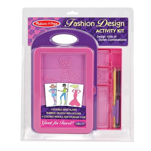 Melissa & Doug Fashion Design Art Activity Kit - 9 Double-Sided Rubbing Plates, 4 Pencils, Crayon - Fashion Plates, Travel Toys for Kids Ages 5+, 16 Piece Set, White