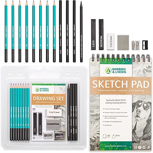 Norberg & Linden Drawing Set - Sketching and Charcoal Pencils - 100 Page Drawing Pad, Kneaded Eraser. Art Kit and Supplies for Kids, Teens and Adults