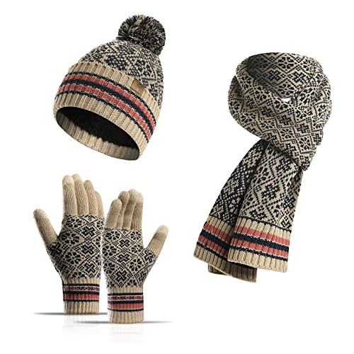 Winter Beanie Hat Long Scarf and Touchscreen Gloves for Women Fleece Lined Skull Cap Neck Scarves for Men 3Pcs