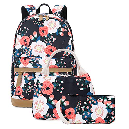 Natayoo Floral School Backpacks for Women Teen Girls College Bookbag Water Resistant Laptop Backpack with Lunch Bag and Pencil Bag,Large