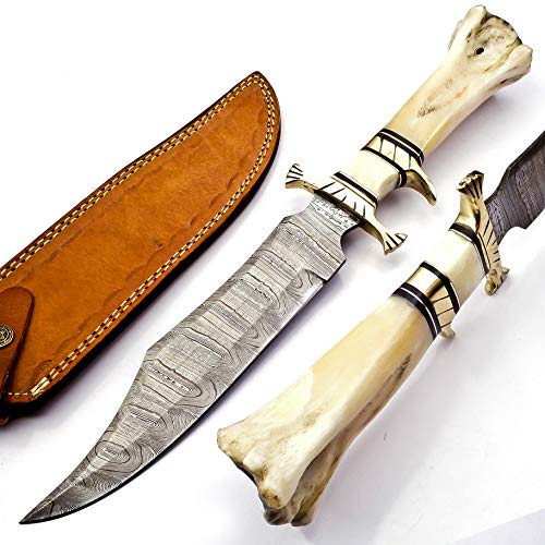 HandSmith 15' Handmade Damascus Steel Hunting Knife, Hand Forged Damascus Steel Fixed Blade Bowie Knife, Genuine Leather Sheath, Camel Bone Handle Firm Grip (White)
