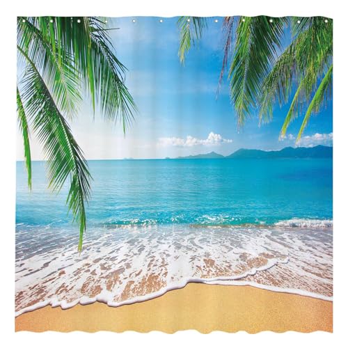 Allenjoy 72' x 72' Tropical Beach Shower Curtain Summer Seaside Scene Ocean Island Palm Tree Bathroom Decorations Curtain Durable Bathtub Showers Decor (Hooks Not Included)