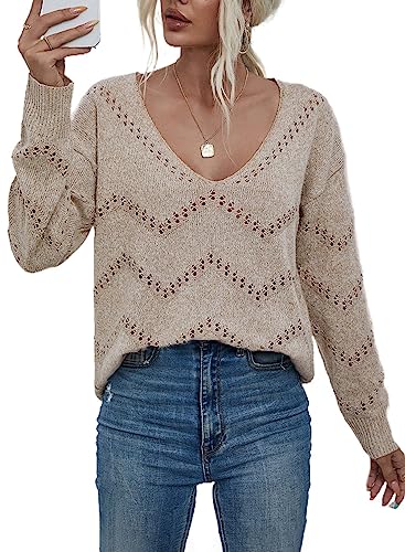 EVALESS Fall Sweaters for Women 2023 Knitted Tops Long Sleeve Khaki Sweaters Deep V Neck Blouses for Women Dressy Casual Crochet Sweaters Cozy Clothes Outfits Pullover Sweater Jumper Tops, Medium