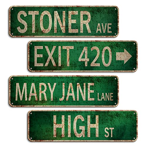 Booda Brand Stoner Avenue Street Sign 4 Signs of Exit 420 /High St/Mary Jane Lane/Stoner Ave for Room Decor, Duplex Printed Anti-Fade Trippy Room Decor for Stoner, Vintage Rustic Retro Street Sign