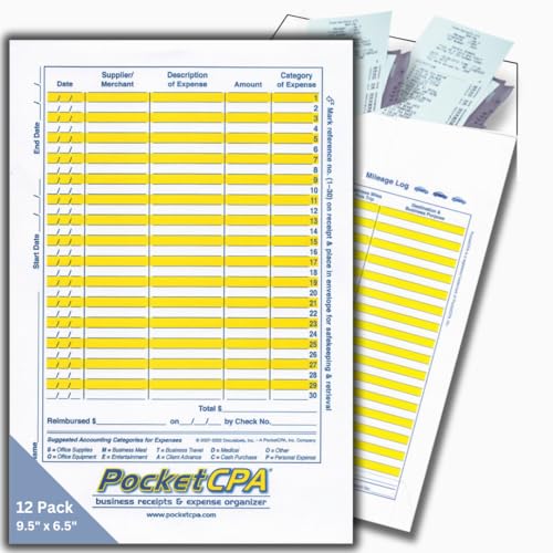 PocketCPA Receipts Organizer & Expense Envelopes (12 Pack) - Store Receipts, Record Expenses & Log Mileage. With a Business Expense Ledger + Receipt Tracking. The easy way to keep & organize receipts.