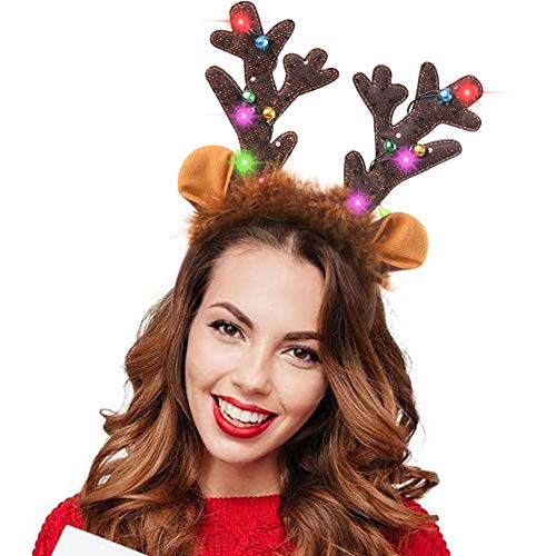 HANSGO Reindeer Antlers Headband, LED Deer Antlers Headband with Bells Light Up Christmas Reindeer Ears Headband