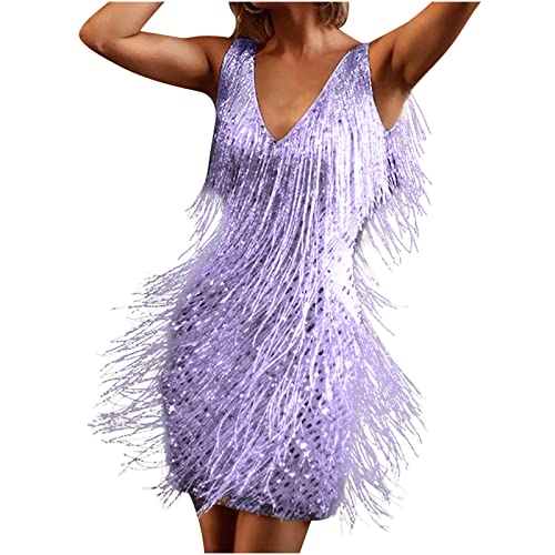 Ctreela Sequin Tassel Party Mini Dress Women's Sexy Shiny Fringe Dance Dress Club Evening Latin Salsa Ballroom Dancing Dress Purple