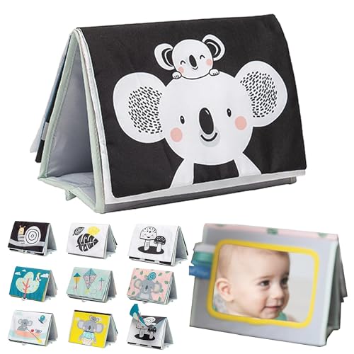 Tummy Time Toys High Contrast Baby Book. Fun, Interactive Crinkle Books for Babies with Baby Tummy Time Mirror & Soft Koala Teether - Baby Tummy Time Book by Taf Toys