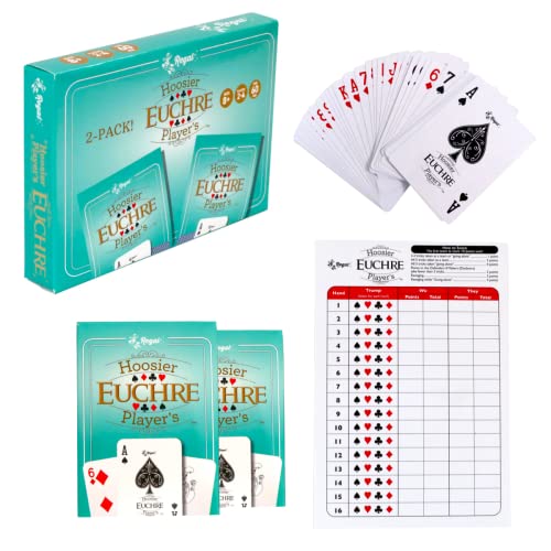 Regal Games - Hoosier Player’s Euchre Card Game Set - Pre-Stripped to 44 Cards for Classic Euchre - Fun, Family-Friendly Group Card Game - Ideal for 2-4 Players Ages 8+ - Includes Score Pad - 2 Pack