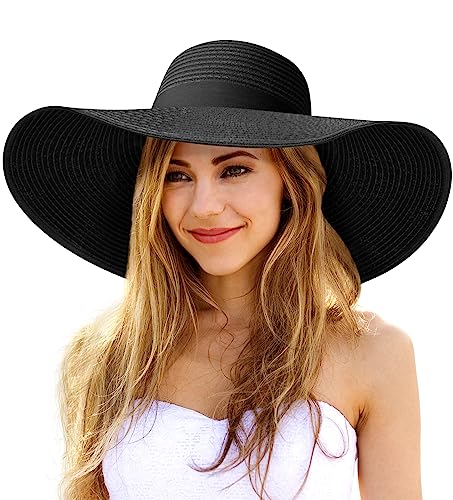 Womens Sun Hat UV Protection Wide Brim Beach Hat Floppy Foldable Roll-Up Straw Hats for Women UPF 50, C Black