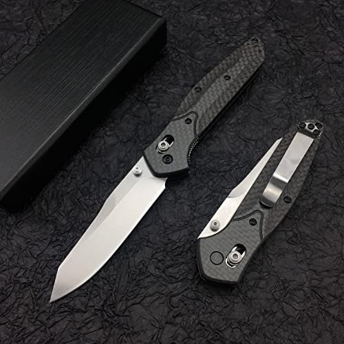 HUAAO 7.7in EDC Pocket Knife, 3.6in Reverse Tanto Blade with Thumb Stud, Plain Edge D2 Steel, Black Carbon Fiber Handle with Belt Clip Axis Lock Mechanism for Outdoor Camping