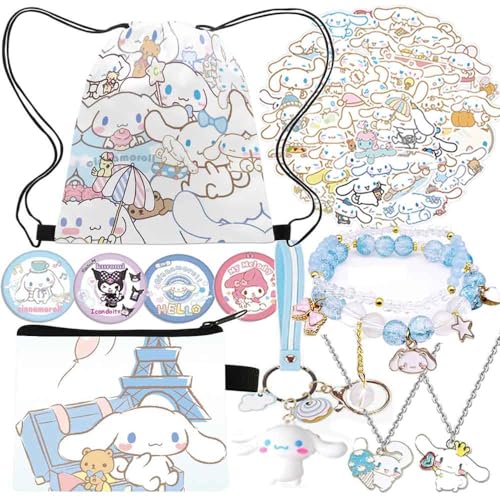 Cinnamoroll Merchandise Stuff Gift Set for Girls, Cute Cinnamon Dog Accessories Drawstring Bag Backpack, Keychain, Stickers, Button Pins, Purse Bag, Necklace, Charm Bracelet (B)