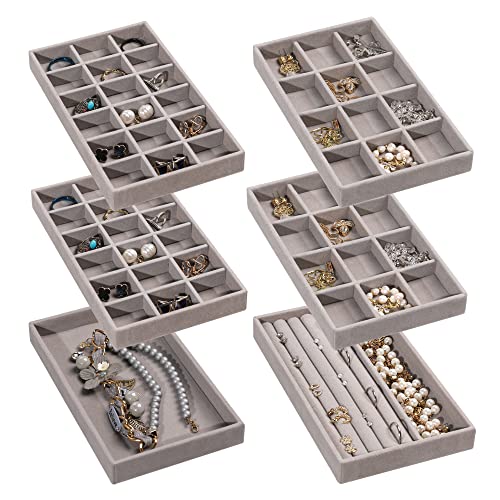 Frebeauty Jewelry Organizer Tray,Stackable Velvet Jewelry Trays,Drawer Inserts Earring Organizer For Women Girls Jewelry Storage Display Case for Rings Stud Necklaces,Set of 6(Grey)