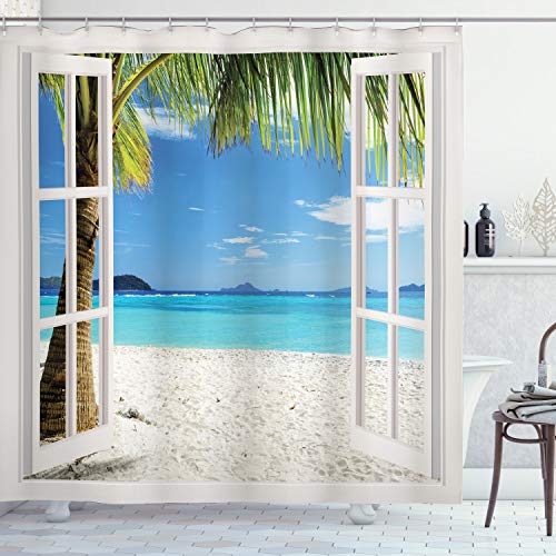 Ambesonne Turquoise Shower Curtain Beach Home Tropical Palms on Island Ocean Through White Wooden Windows Cloth Fabric Set with Hooks for Bathroom Decor and Backdrop 69' W x 70' L Blue Green and White