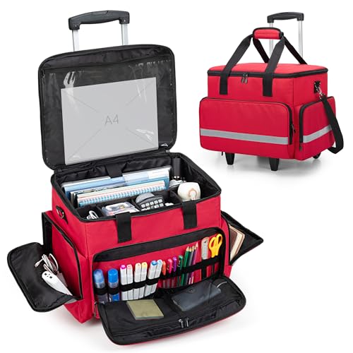 CURMIO Rolling Teacher Tote Bag, Teaching Work Bag with Padded Laptop Sleeve for School Supplies, Red(Bag Only)