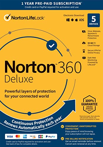 Norton 360 Deluxe, 2024 Ready, Antivirus software for 5 Devices with Auto Renewal - Includes VPN, PC Cloud Backup & Dark Web Monitoring [Key Card]