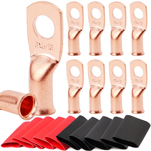 TKDMR 10pcs 6 AWG-5/16' Battery Lugs,with 10pcs 3:1 Heat Shrink Tubing,Battery Cable Ends,Heavy Duty Copper Wire Lugs,Tubular Ring Terminals,AWG Crimp Wire Ring Lugs,Battery Terminal Connectors